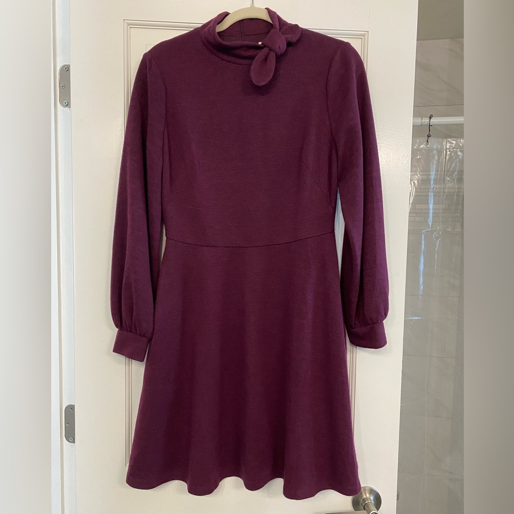 Gal Meets Glam Plum Bow-Detail Long-Sleeve Fit-and-Flare Dress - Picture 7 of 7
